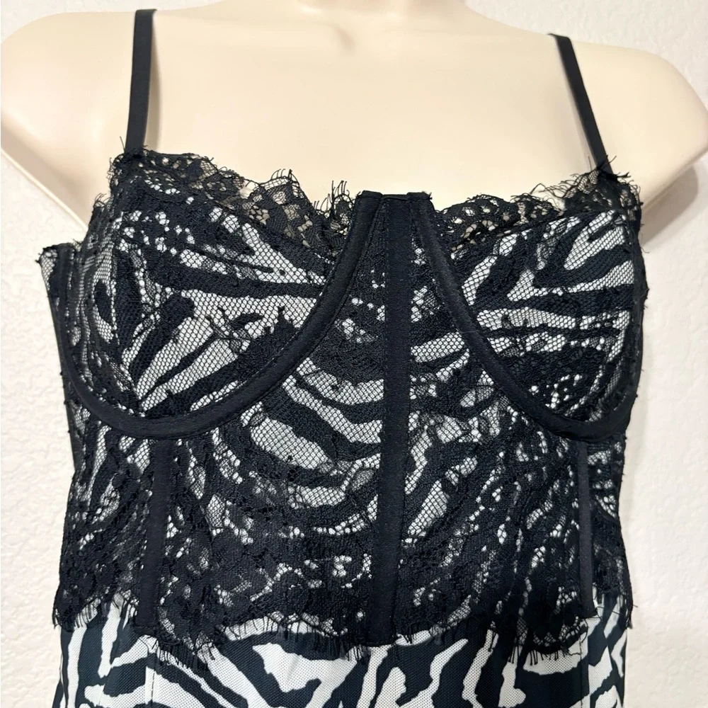 Mesh Body con Semi Sheer Black White Zebra Print Dress w Bustier Type Lace Top - Picture 4 of 13
